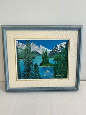 Vintage Signed oil painting landscape Canadian Rockies Spirit Island M G Beacock